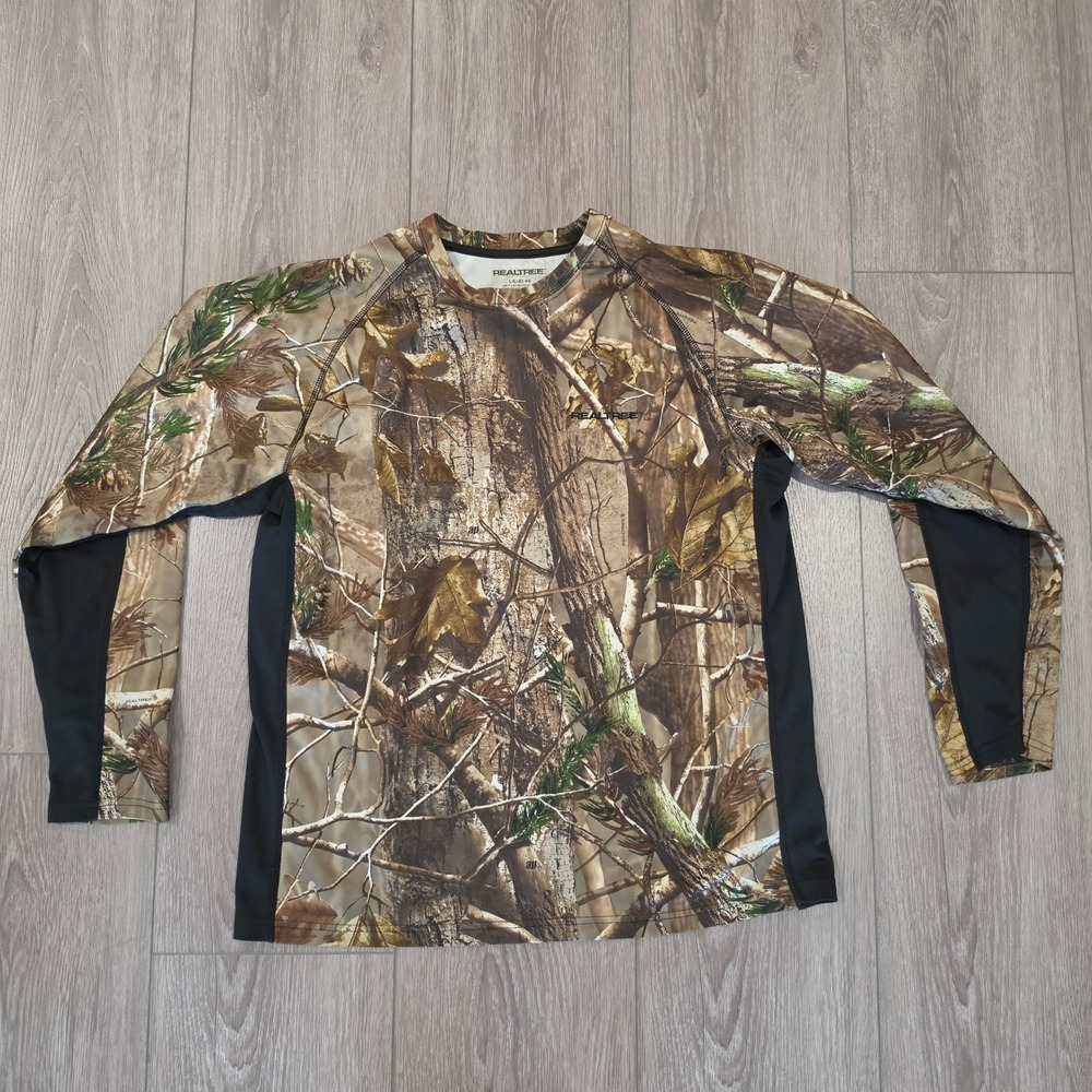 Realtree Mens Camo Performance Long Sleeve Shirt Large Woodland Hunting Fishing